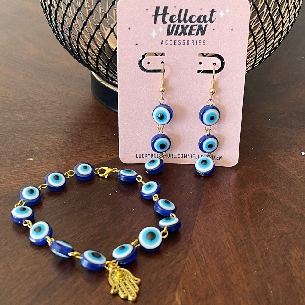 Handmade Evil Eye Blue Target Acrylic Beaded drop Earring & Bracelet Set